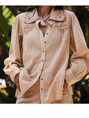 Free People Fall Into Place Embroidered Smocked Button-Down Shirt